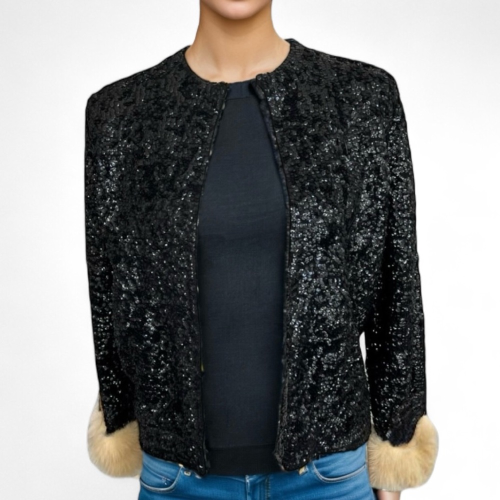 Vintage 1950s Black Sequin Jacket with Fur Trim retro glam blazer party